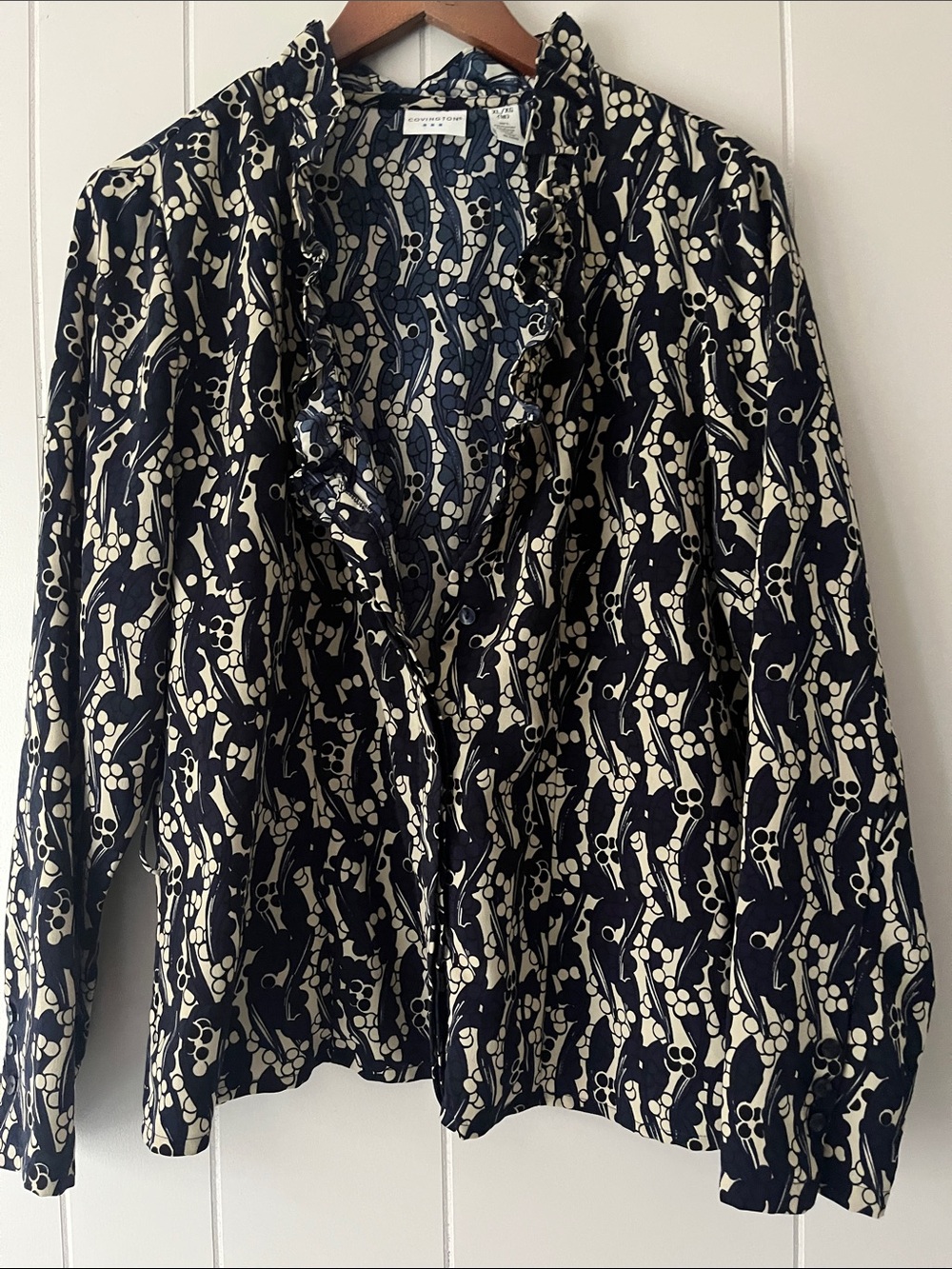 Covington Navy and Cream Ruffle Front Blouse